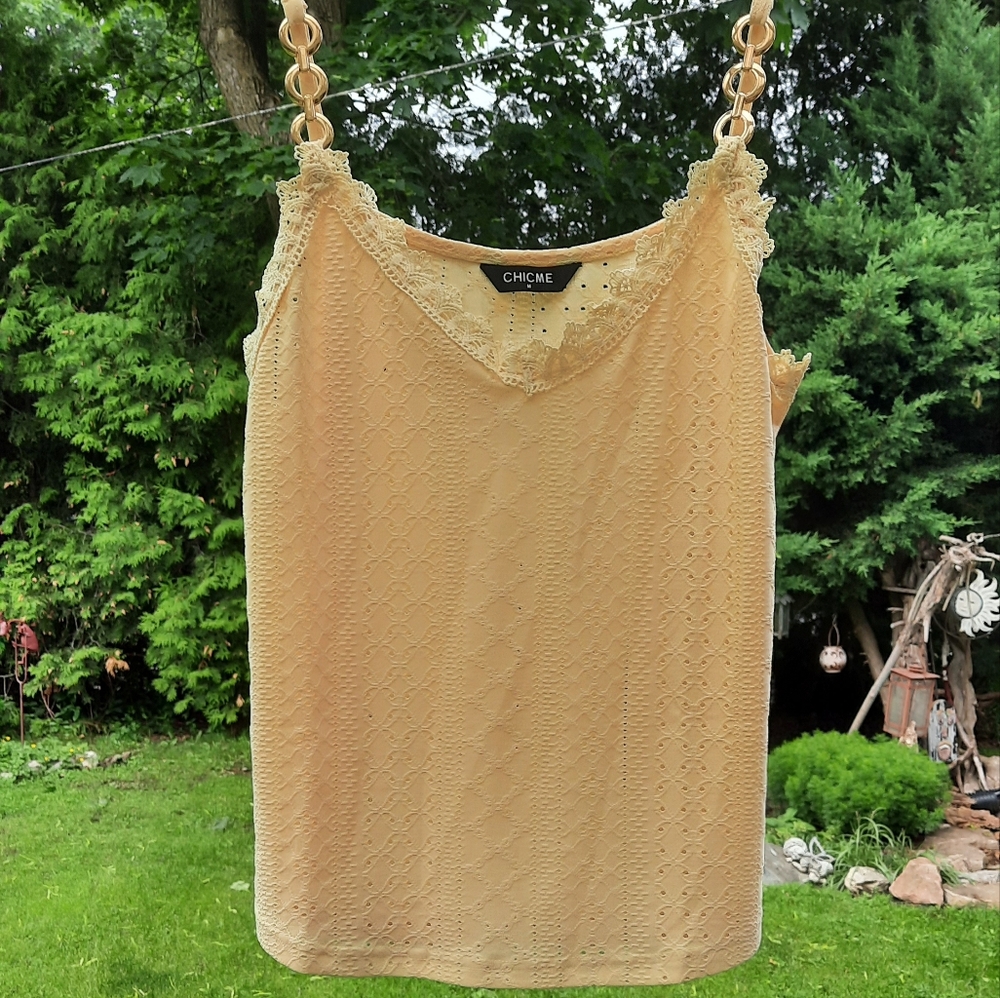 Yellow Sleeveless Camisole Tank Top with Lace Trim